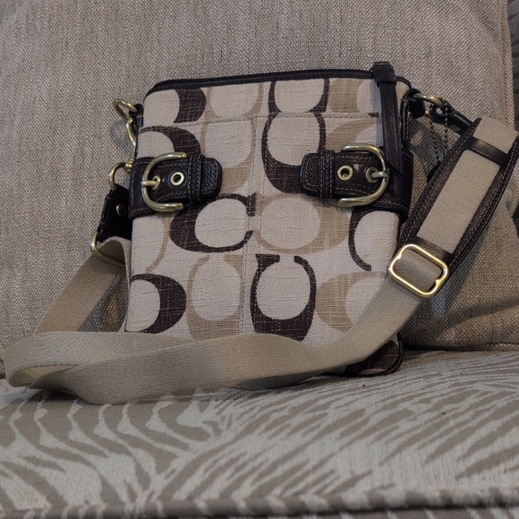 Coach Cream and Brown Crossbody Bag with Signature Monogram - Picture 1 of 12
